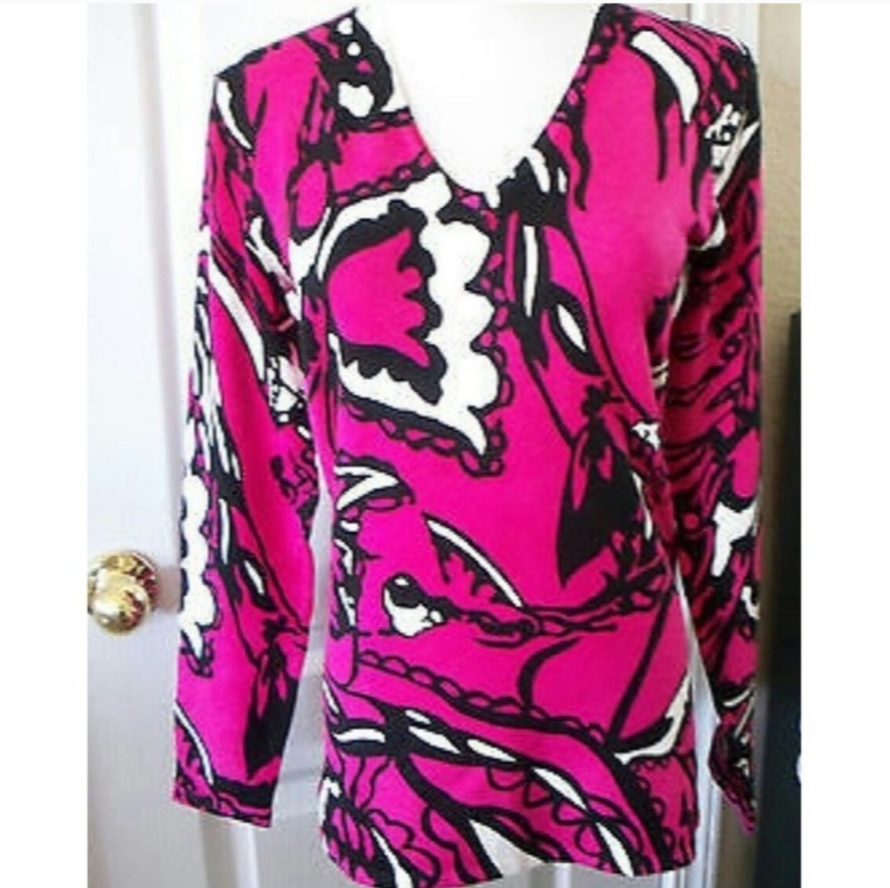 NWT CYRUS KNIT TOP Hot Pink Flora Abstract V Neck LONG SLEEVES Small Women Small